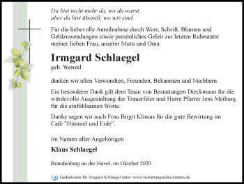 Traueranzeige von Irmgard Schlaegel von Märkischen Allgemeine Zeitung