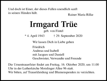 Traueranzeige von Irmgard Trüe von Lübecker Nachrichten