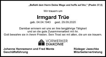 Traueranzeige von Irmgard Trüe von Lübecker Nachrichten