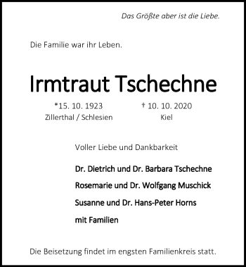 Traueranzeige von Irmtraut Tschechne von Kieler Nachrichten