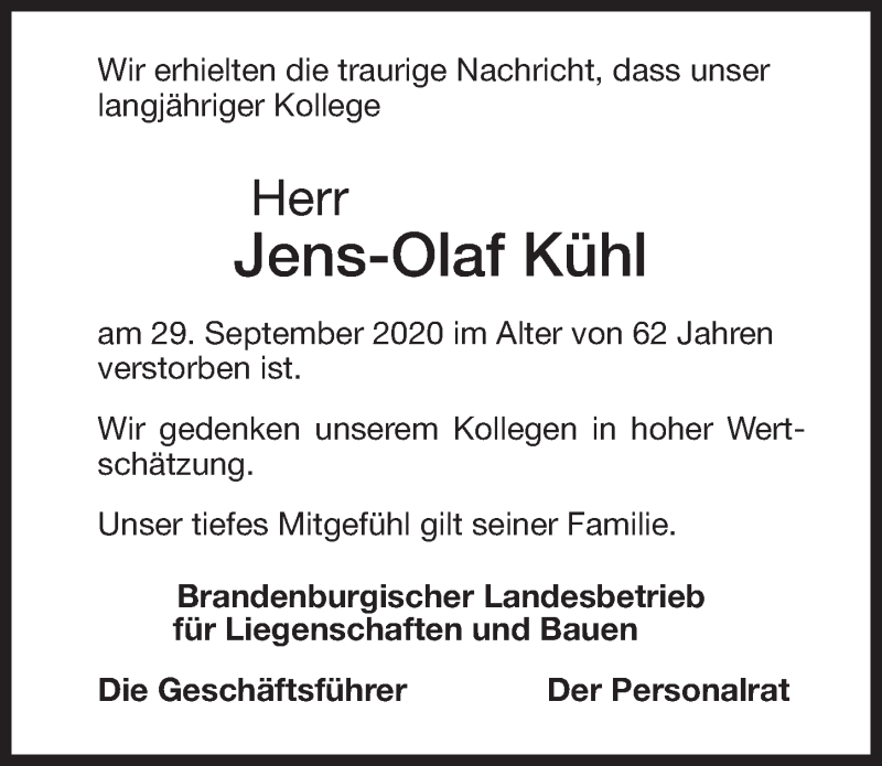  Traueranzeige für Jens-Olaf Kühl vom 10.10.2020 aus Märkischen Allgemeine Zeitung