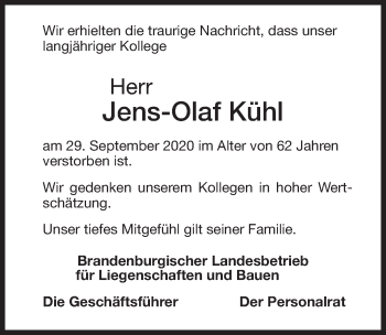 Traueranzeige von Jens-Olaf Kühl von Märkischen Allgemeine Zeitung