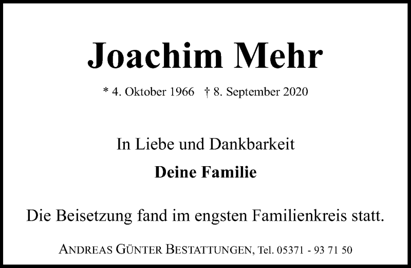  Traueranzeige für Joachim Mehr vom 02.10.2020 aus Aller Zeitung
