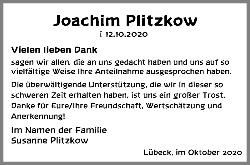  Traueranzeige für Joachim Plitzkow vom 31.10.2020 aus Lübecker Nachrichten