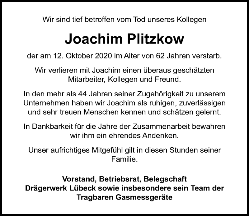  Traueranzeige für Joachim Plitzkow vom 21.10.2020 aus Lübecker Nachrichten