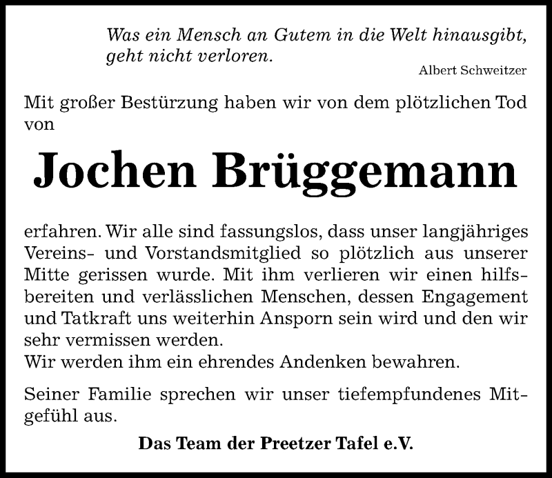  Traueranzeige für Jochen Brüggemann vom 14.10.2020 aus Kieler Nachrichten