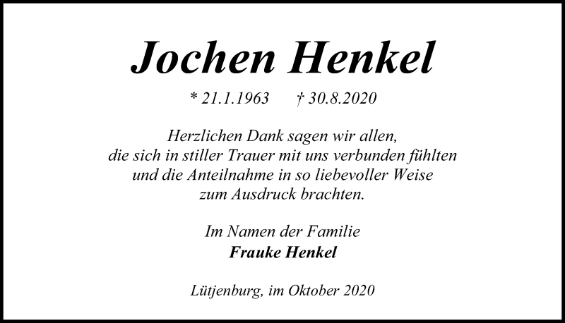  Traueranzeige für Jochen Henkel vom 10.10.2020 aus Kieler Nachrichten