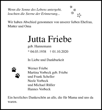 Traueranzeige von Jutta Friebe von Lübecker Nachrichten