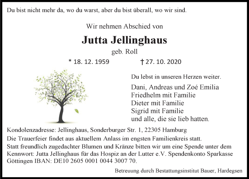  Traueranzeige für Jutta Jellinghaus vom 30.10.2020 aus Göttinger Tageblatt