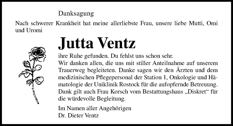  Traueranzeige für Jutta Ventz vom 10.10.2020 aus Ostsee-Zeitung GmbH