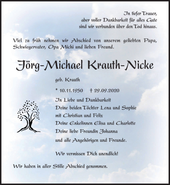 Traueranzeige von Jörg-Michael Krauth-Nicke von Lübecker Nachrichten