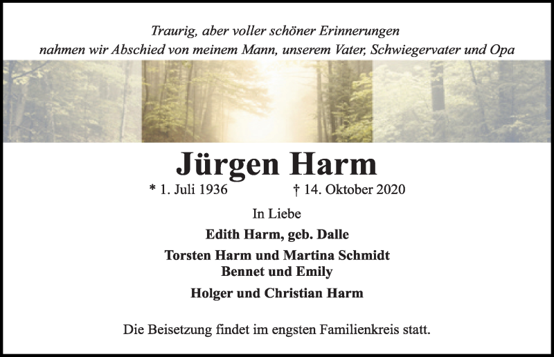  Traueranzeige für Jürgen Harm vom 17.10.2020 aus Kieler Nachrichten