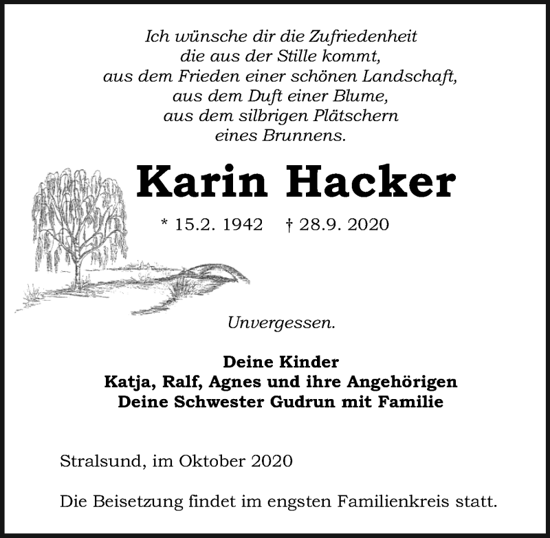  Traueranzeige für Karin Hacker vom 10.10.2020 aus Ostsee-Zeitung GmbH