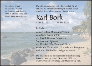 Traueranzeige von Karl Bork von Ostsee-Zeitung GmbH