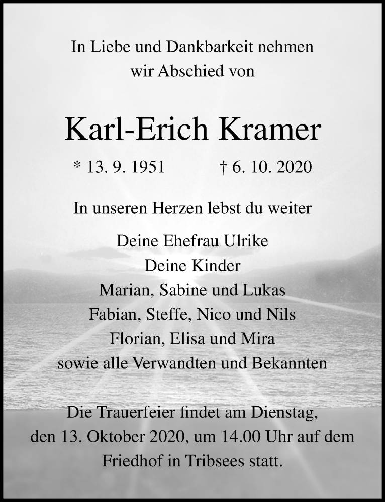  Traueranzeige für Karl-Erich Kramer vom 10.10.2020 aus Ostsee-Zeitung GmbH