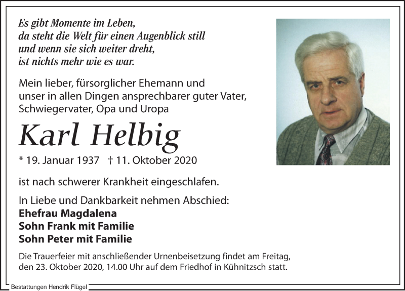  Traueranzeige für Karl Helbig vom 17.10.2020 aus Leipziger Volkszeitung