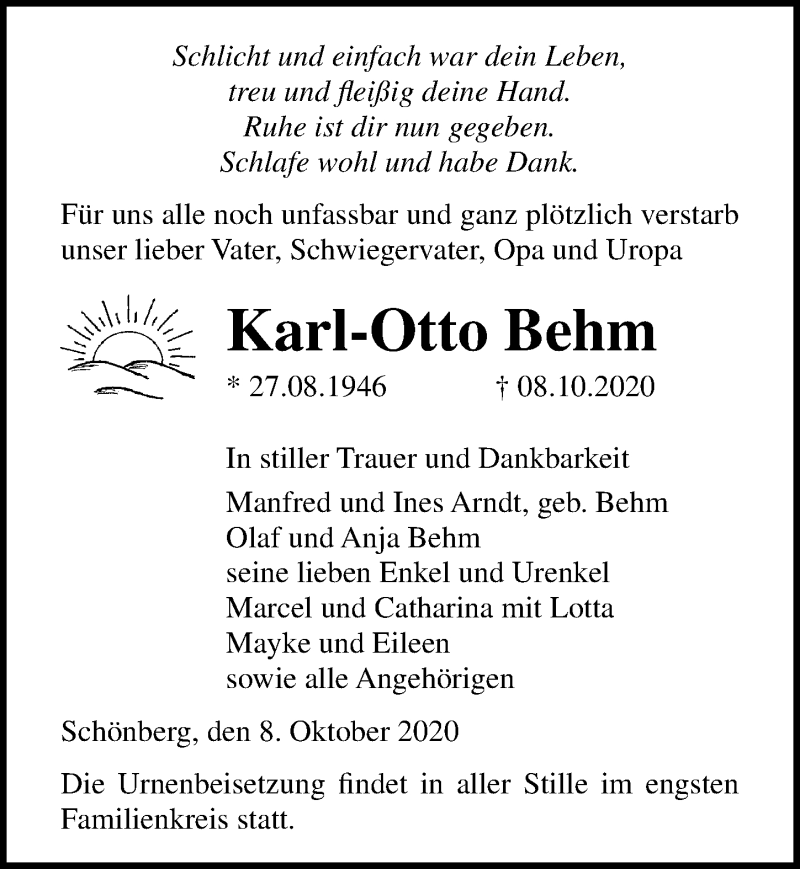  Traueranzeige für Karl-Otto Behm vom 13.10.2020 aus Ostsee-Zeitung GmbH