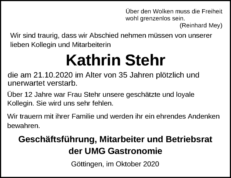  Traueranzeige für Kathrin Stehr vom 30.10.2020 aus Göttinger Tageblatt