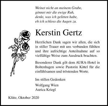 Traueranzeige von Kerstin Gertz von Ostsee-Zeitung GmbH