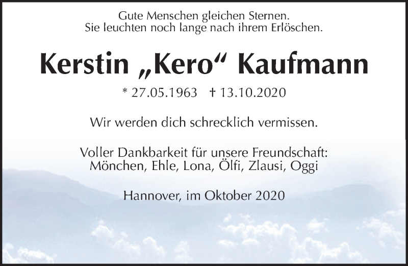  Traueranzeige für Kerstin  Kaufmann vom 17.10.2020 aus Hannoversche Allgemeine Zeitung/Neue Presse