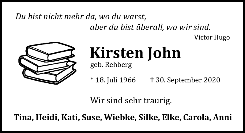  Traueranzeige für Kirsten John vom 07.10.2020 aus Hannoversche Allgemeine Zeitung/Neue Presse