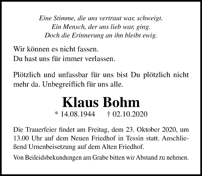  Traueranzeige für Klaus Bohm vom 17.10.2020 aus Ostsee-Zeitung GmbH