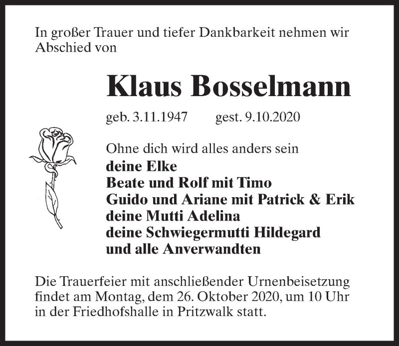  Traueranzeige für Klaus Bosselmann vom 17.10.2020 aus Märkischen Allgemeine Zeitung