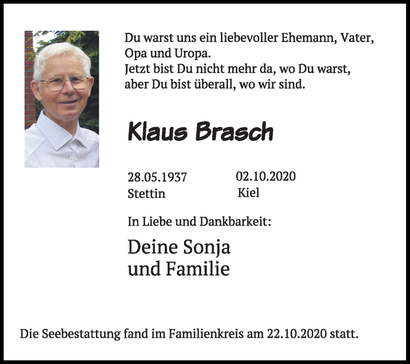  Traueranzeige für Klaus Brasch vom 24.10.2020 aus Kieler Nachrichten