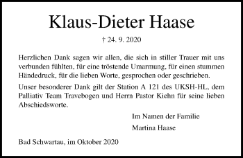 Traueranzeige von Klaus-Dieter Haase von Lübecker Nachrichten