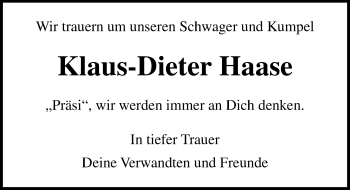 Traueranzeige von Klaus-Dieter Haase von Lübecker Nachrichten