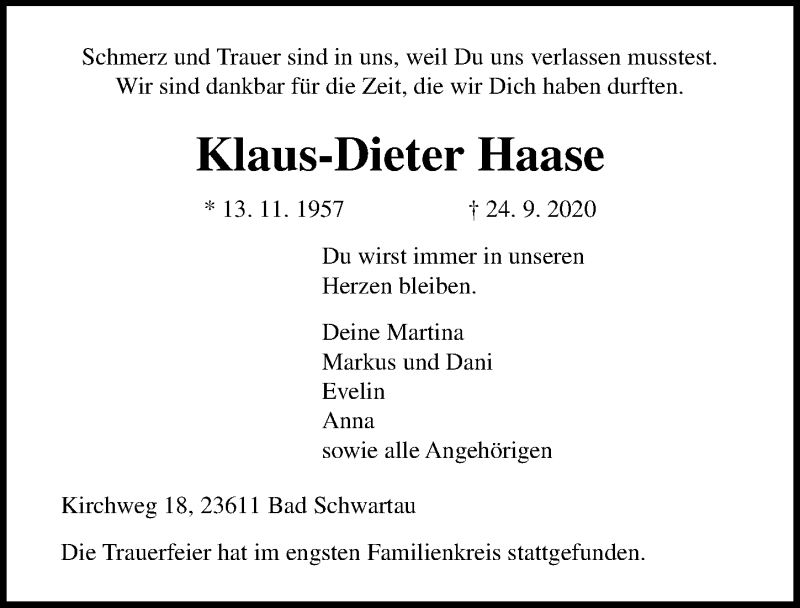  Traueranzeige für Klaus-Dieter Haase vom 03.10.2020 aus Lübecker Nachrichten