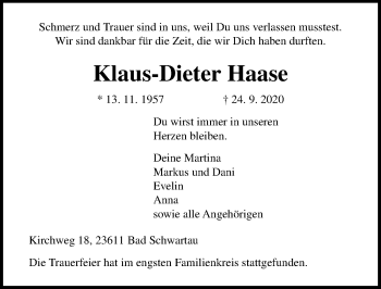 Traueranzeige von Klaus-Dieter Haase von Lübecker Nachrichten