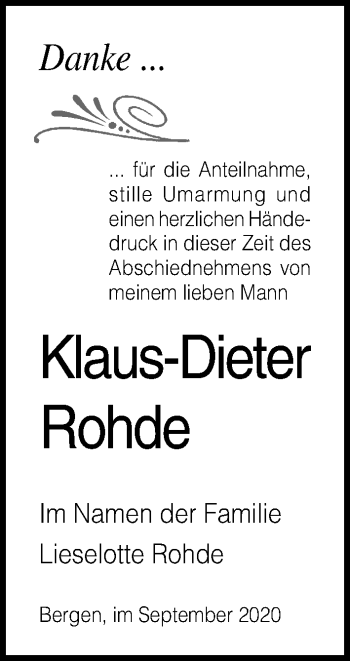 Traueranzeige von Klaus-Dieter Rohde von Ostsee-Zeitung GmbH