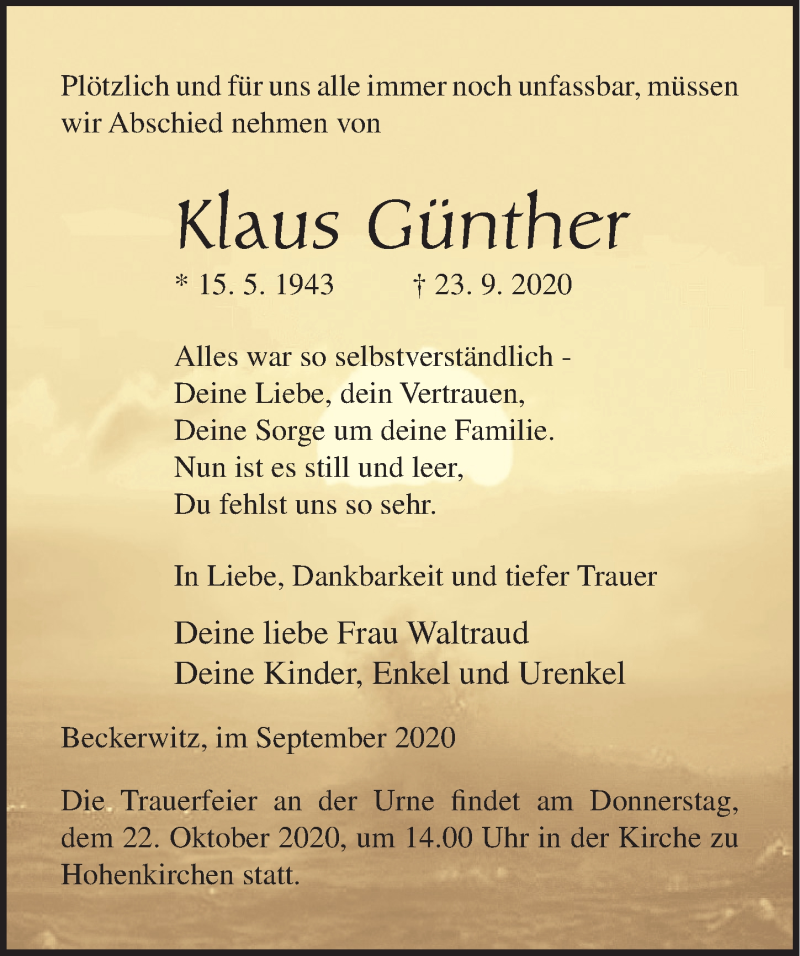  Traueranzeige für Klaus Günther vom 10.10.2020 aus Ostsee-Zeitung GmbH