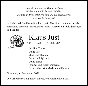 Traueranzeige von Klaus Just von Ostsee-Zeitung GmbH