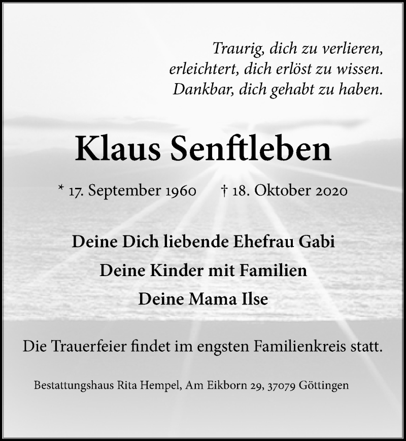 Traueranzeige für Klaus Senftleben vom 24.10.2020 aus Göttinger Tageblatt