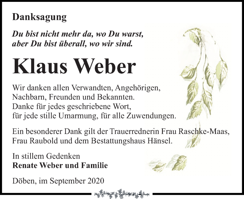 Traueranzeige für Klaus Weber vom 10.10.2020 aus Leipziger Volkszeitung