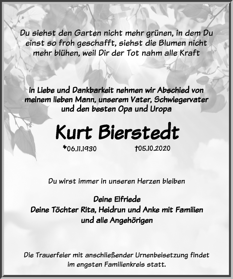  Traueranzeige für Kurt Bierstedt vom 17.10.2020 aus Leipziger Volkszeitung
