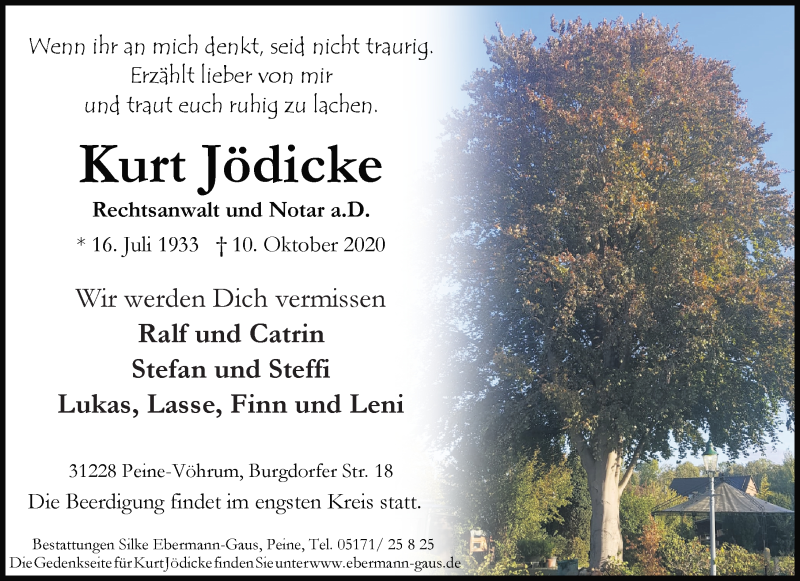  Traueranzeige für Kurt Jödicke vom 13.10.2020 aus Peiner Allgemeine Zeitung