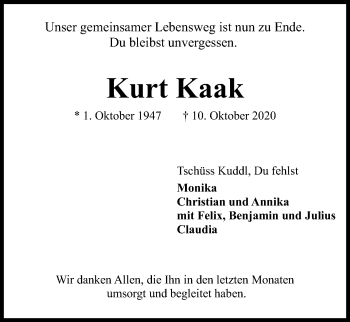 Traueranzeige von Kurt Kaak von Kieler Nachrichten