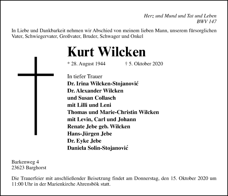  Traueranzeige für Kurt Wilcken vom 10.10.2020 aus Kieler Nachrichten