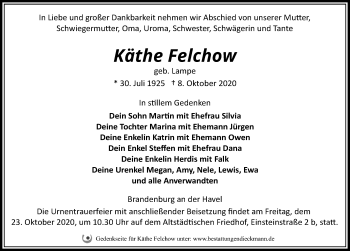 Traueranzeige von Käthe Felchow von Märkischen Allgemeine Zeitung