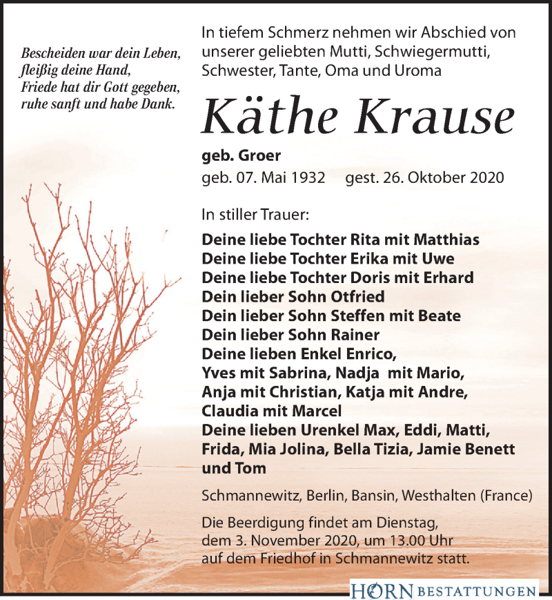  Traueranzeige für Käthe Krause vom 30.10.2020 aus Leipziger Volkszeitung