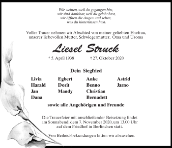 Traueranzeige von Liesel Struck von Märkischen Allgemeine Zeitung