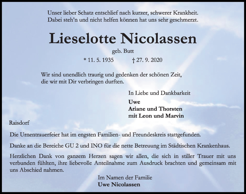  Traueranzeige für Lieselotte Nicolassen vom 17.10.2020 aus Kieler Nachrichten