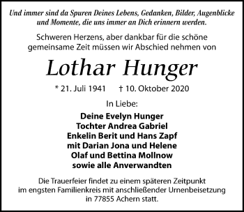 Traueranzeige von Lothar Hunger von Leipziger Volkszeitung