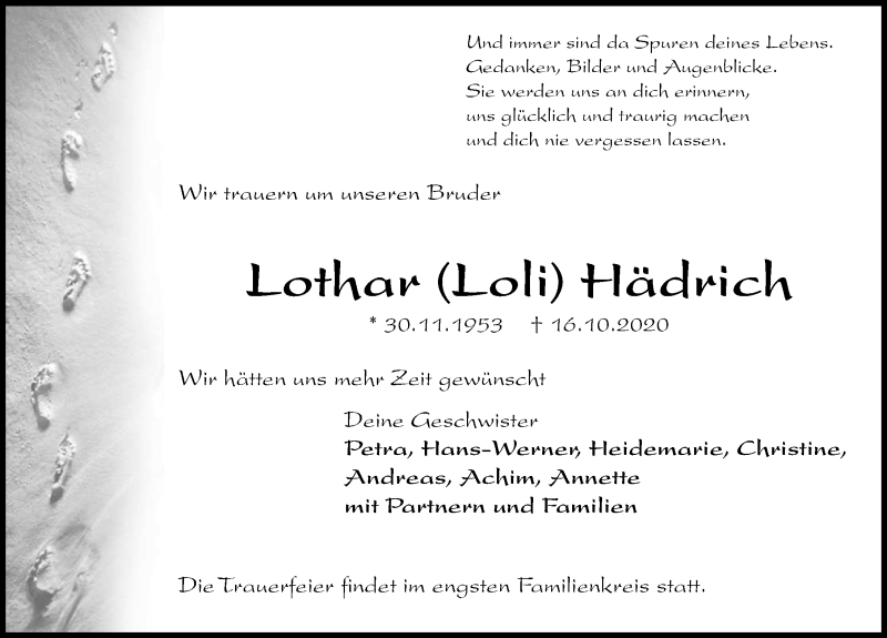  Traueranzeige für Lothar Hädrich vom 24.10.2020 aus Göttinger Tageblatt