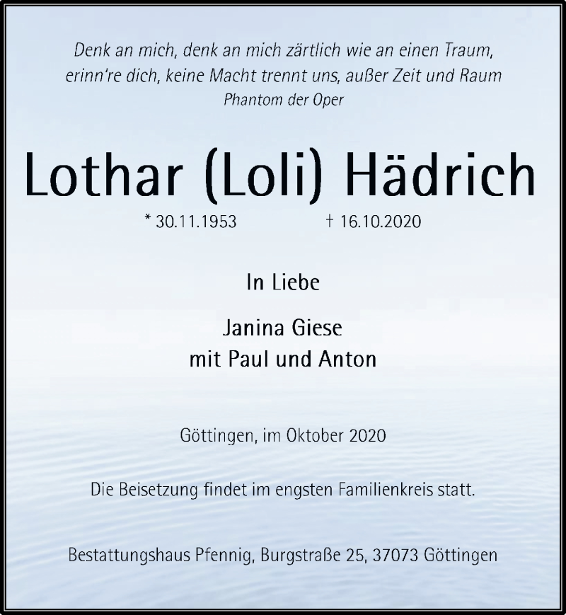  Traueranzeige für Lothar Hädrich vom 24.10.2020 aus Göttinger Tageblatt