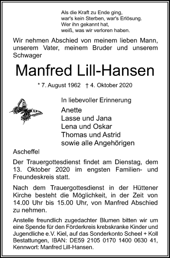 Traueranzeige von Manfred Lill-Hansen von Kieler Nachrichten