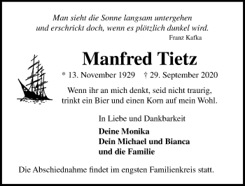 Traueranzeige von Manfred Tietz von Lübecker Nachrichten